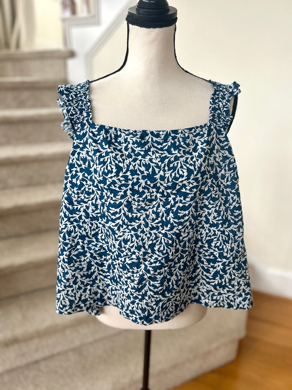 NWT J.Crew Factory Teal Blue & White Floral Print Square Neck Tank